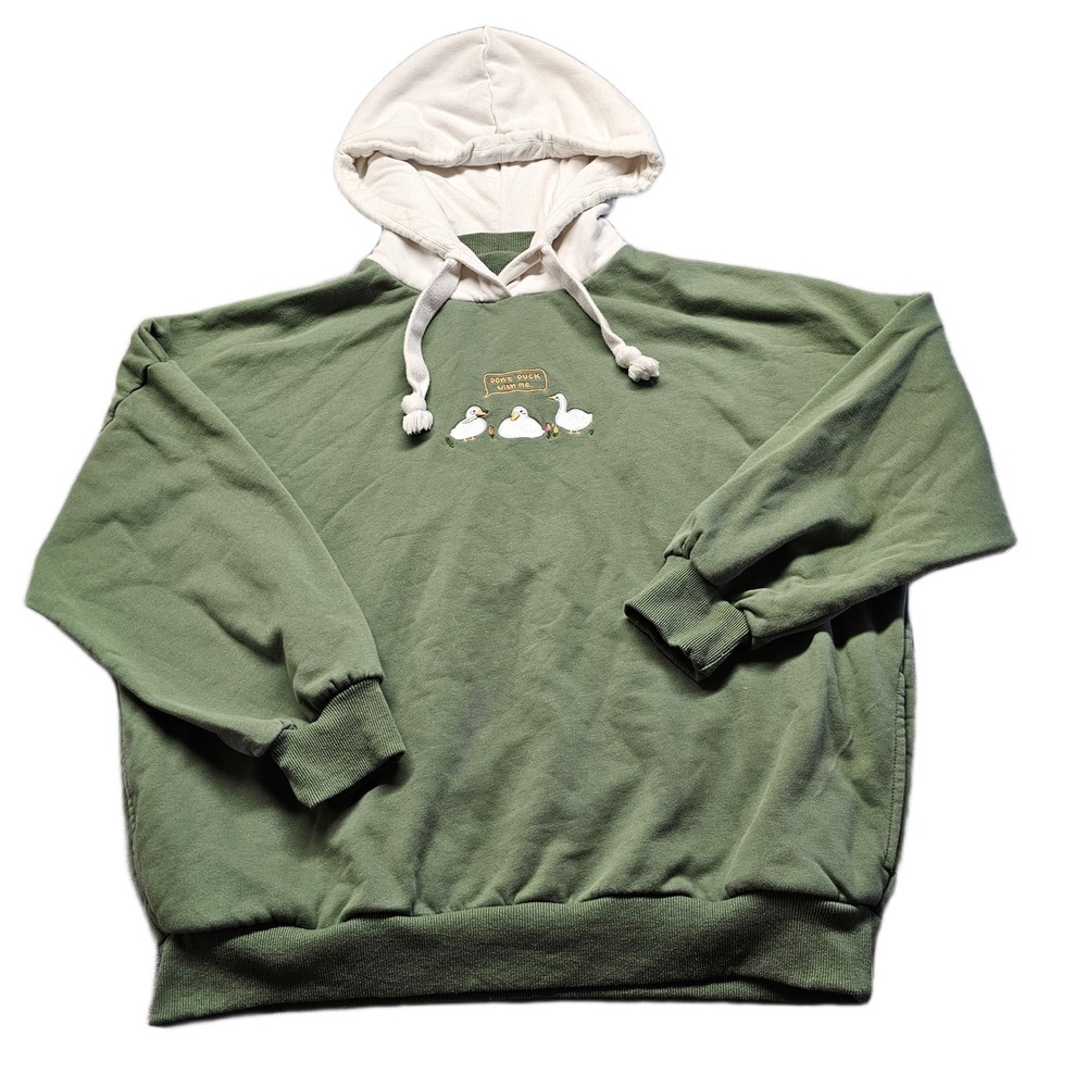 Fuwaffy Hoodie Womens L Green Embroidered Duck‎ Long Sleeve Drawstring Pullover